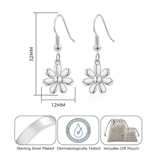 Silver Plated Daisy Drop Earrings - Philip Jones Jewellery