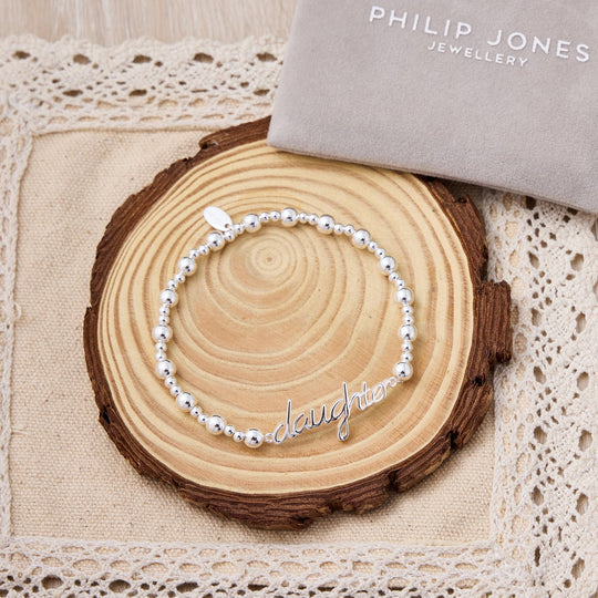 Silver Plated Daughter Beaded Stretch Bracelet - Philip Jones Jewellery