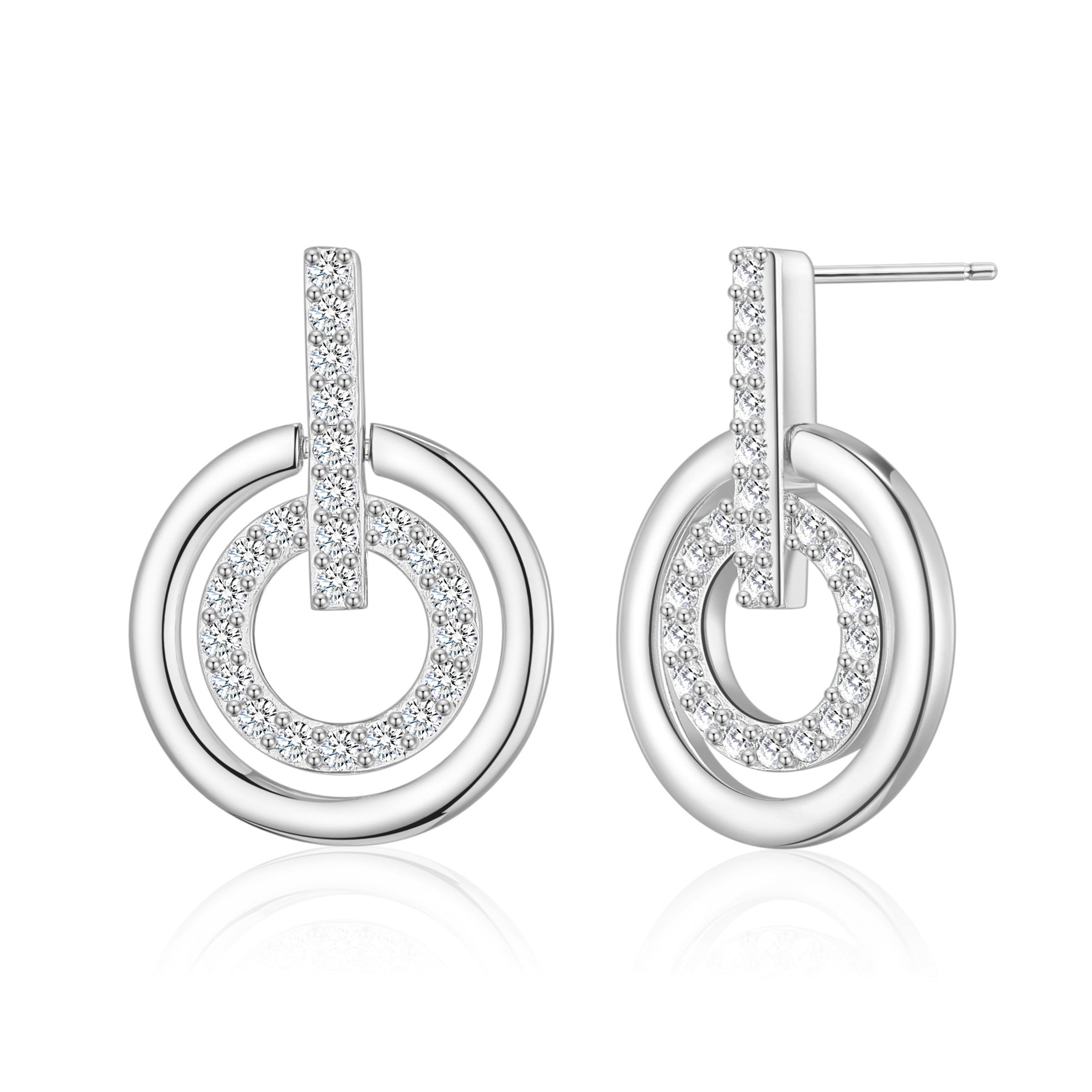 Silver Plated Double Circle Drop Earrings Created with Zircondia® Crystals - Philip Jones Jewellery