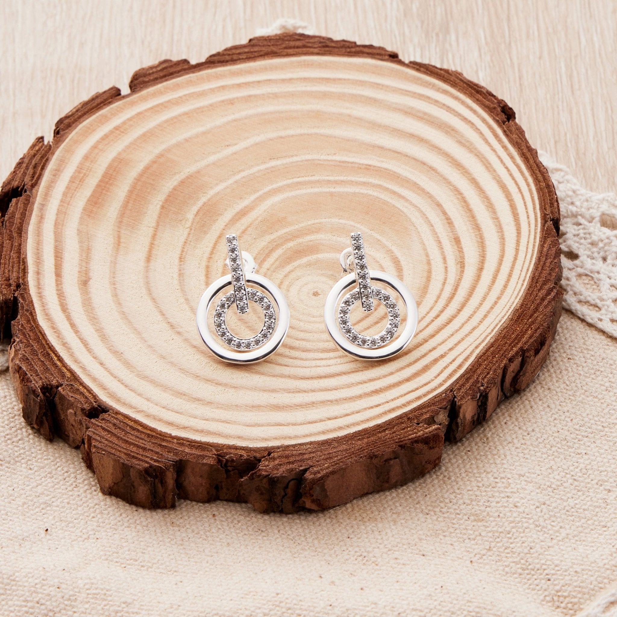 Silver Plated Double Circle Drop Earrings Created with Zircondia® Crystals - Philip Jones Jewellery