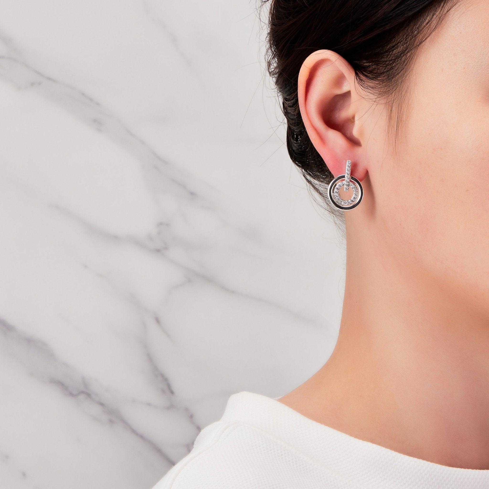 Silver Plated Double Circle Drop Earrings Created with Zircondia® Crystals - Philip Jones Jewellery