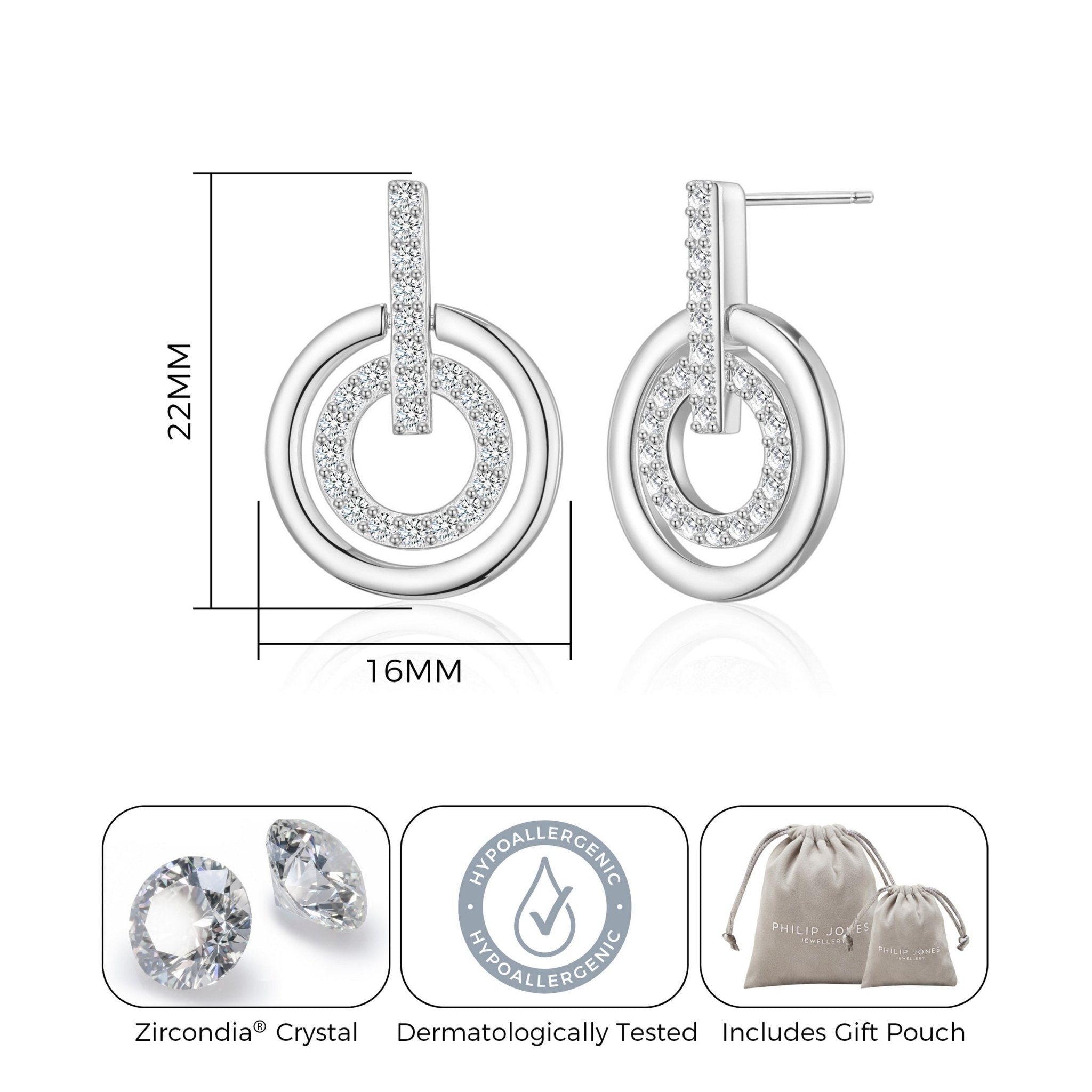 Silver Plated Double Circle Drop Earrings Created with Zircondia® Crystals - Philip Jones Jewellery