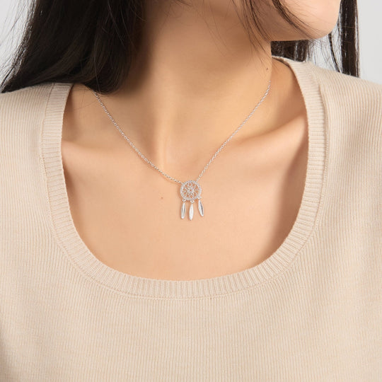 Silver Plated Dream Catcher Necklace Created with Zircondia® Crystals - Philip Jones Jewellery