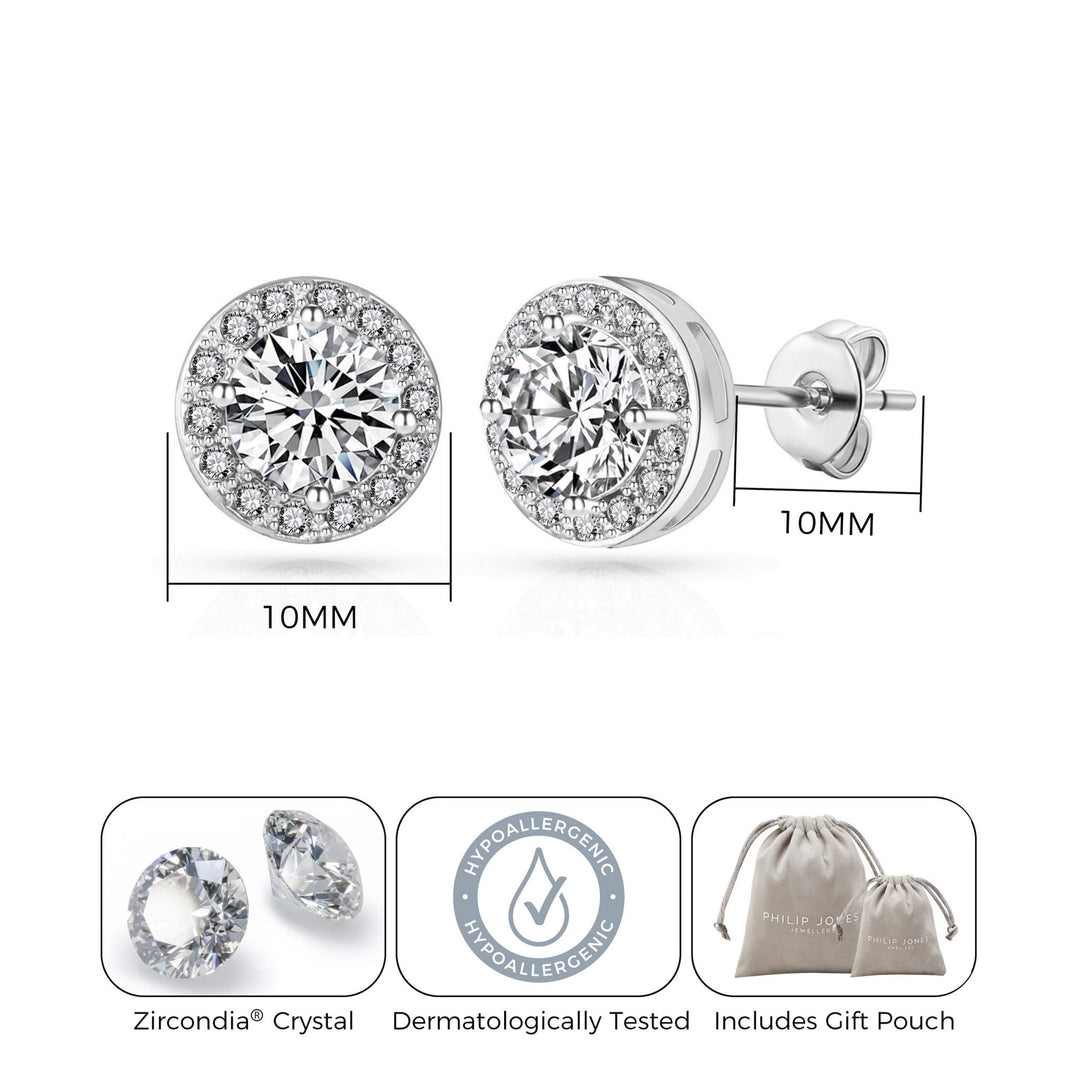 Silver Plated Halo Earrings Created with Zircondia® Crystals - Philip Jones Jewellery