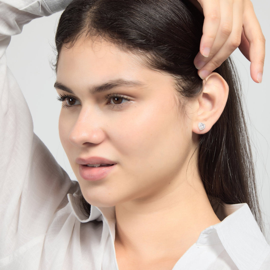 Silver Plated Heart Halo Earrings Created with Zircondia® Crystals