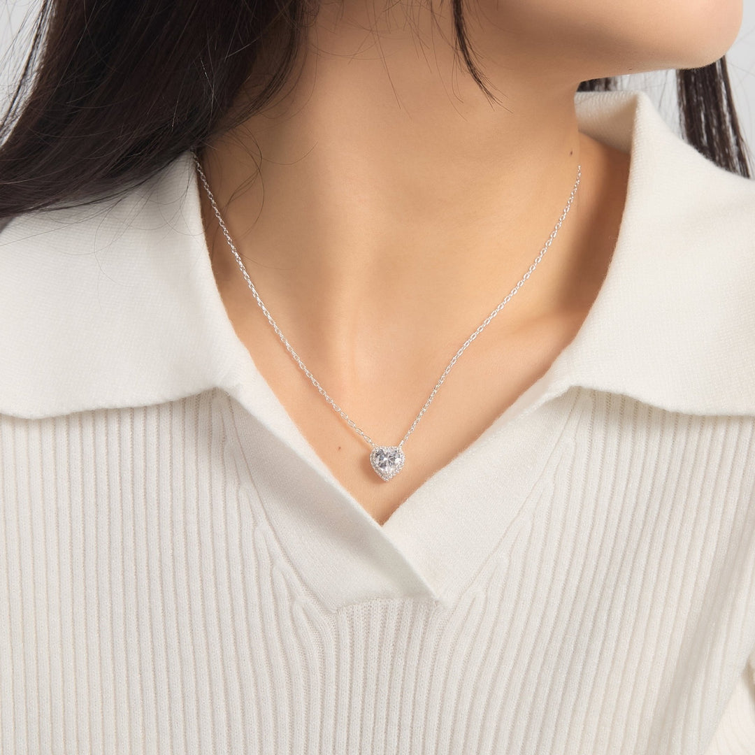 Silver Plated Heart Halo Necklace Created with Zircondia® Crystals - Philip Jones Jewellery