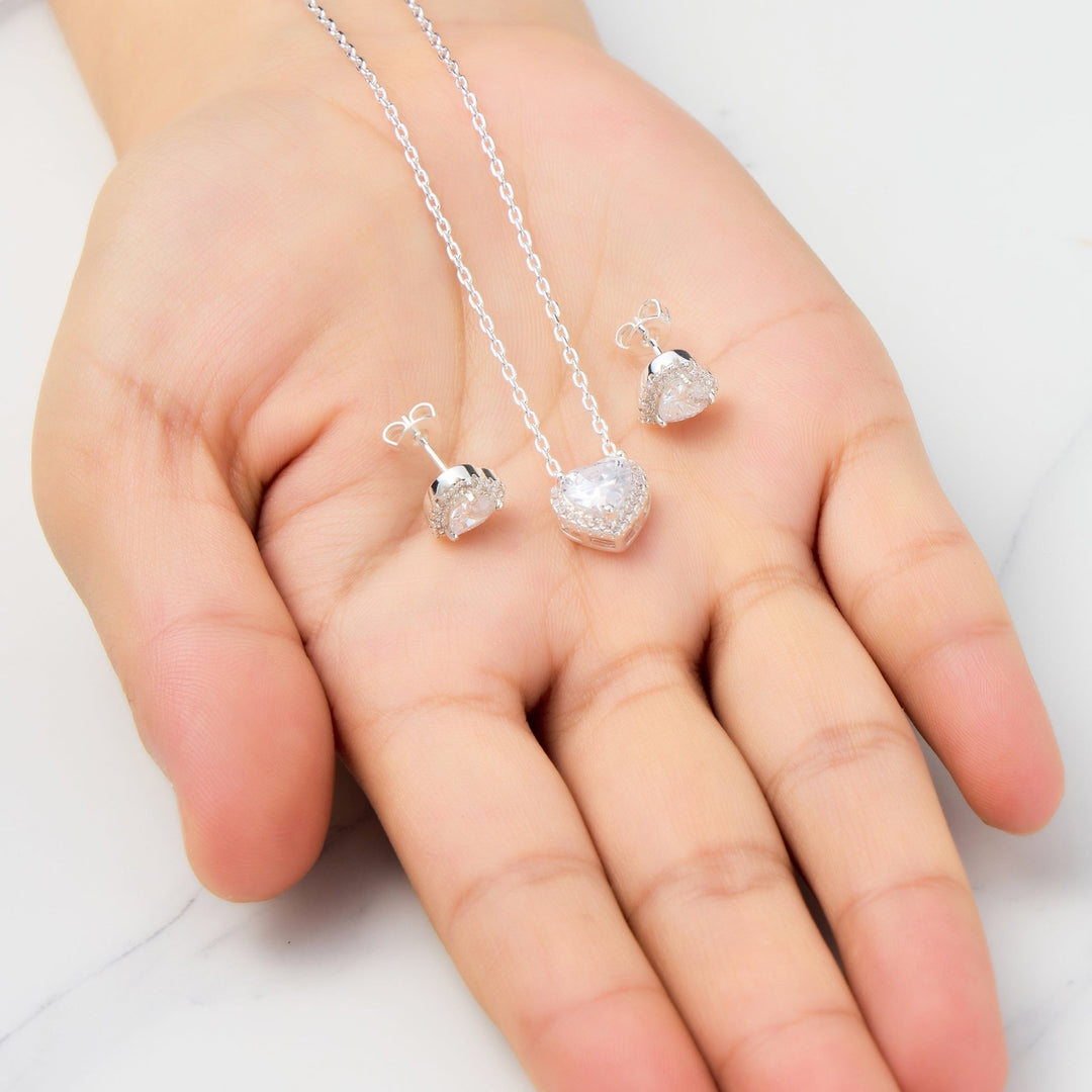 Silver Plated Heart Halo Set Created with Zircondia® Crystals