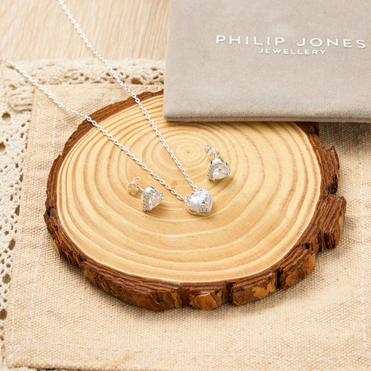 Silver Plated Heart Halo Set Created with Zircondia® Crystals