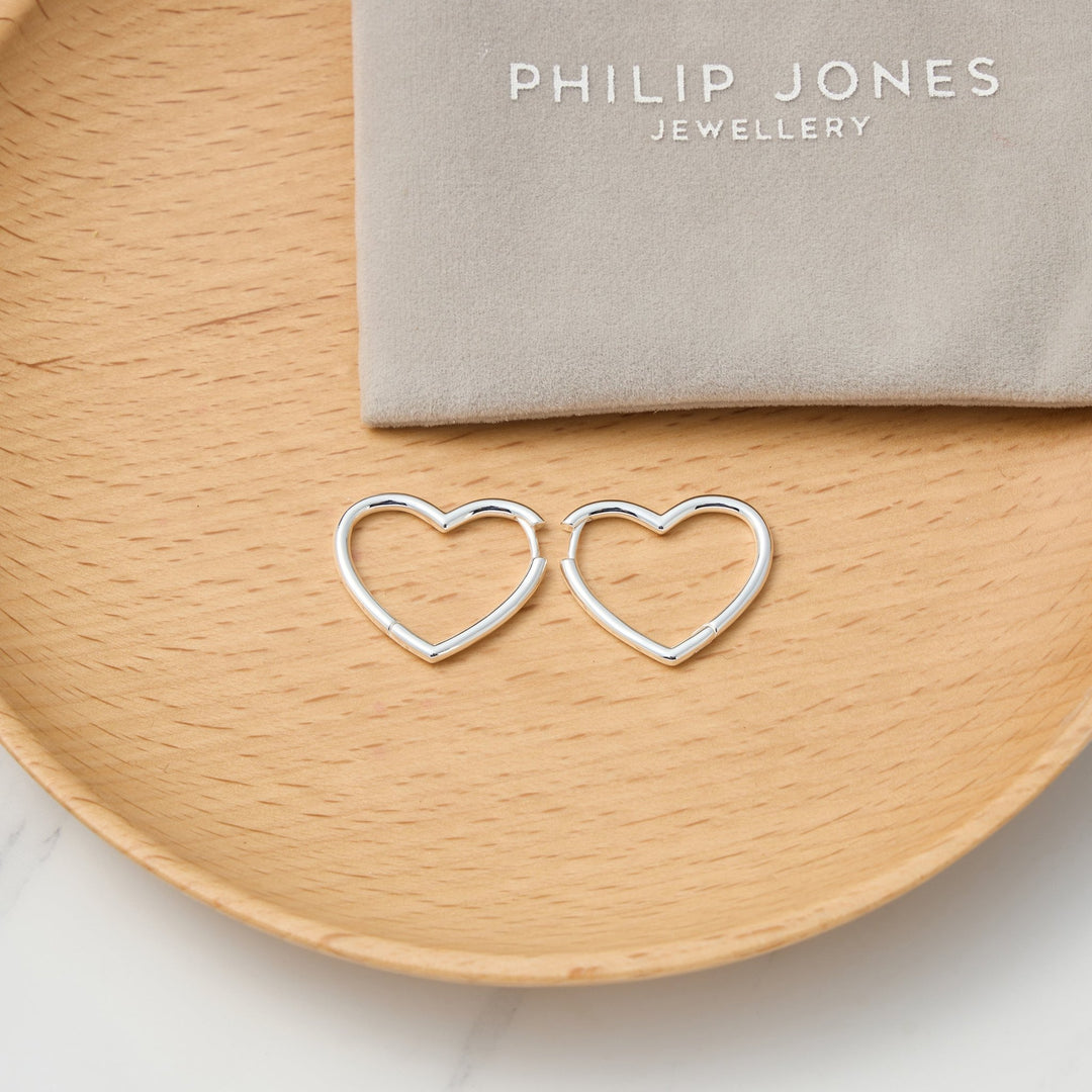 Silver Plated Heart Hoop Earrings - Philip Jones Jewellery