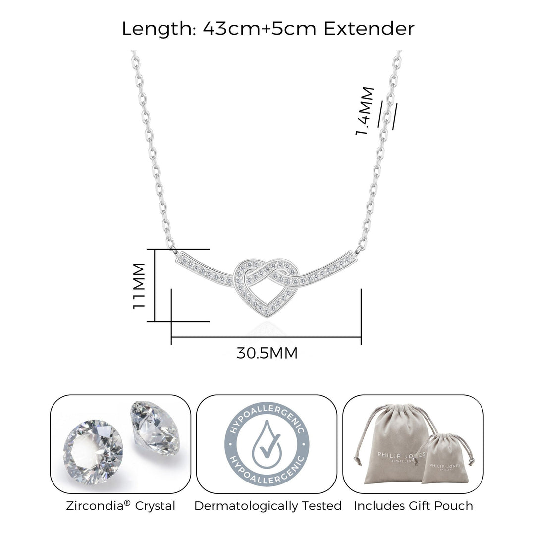 Silver Plated Heart Knot Necklace Created with Zircondia® Crystals - Philip Jones Jewellery