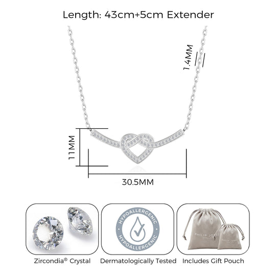 Silver Plated Heart Knot Necklace Created with Zircondia® Crystals - Philip Jones Jewellery