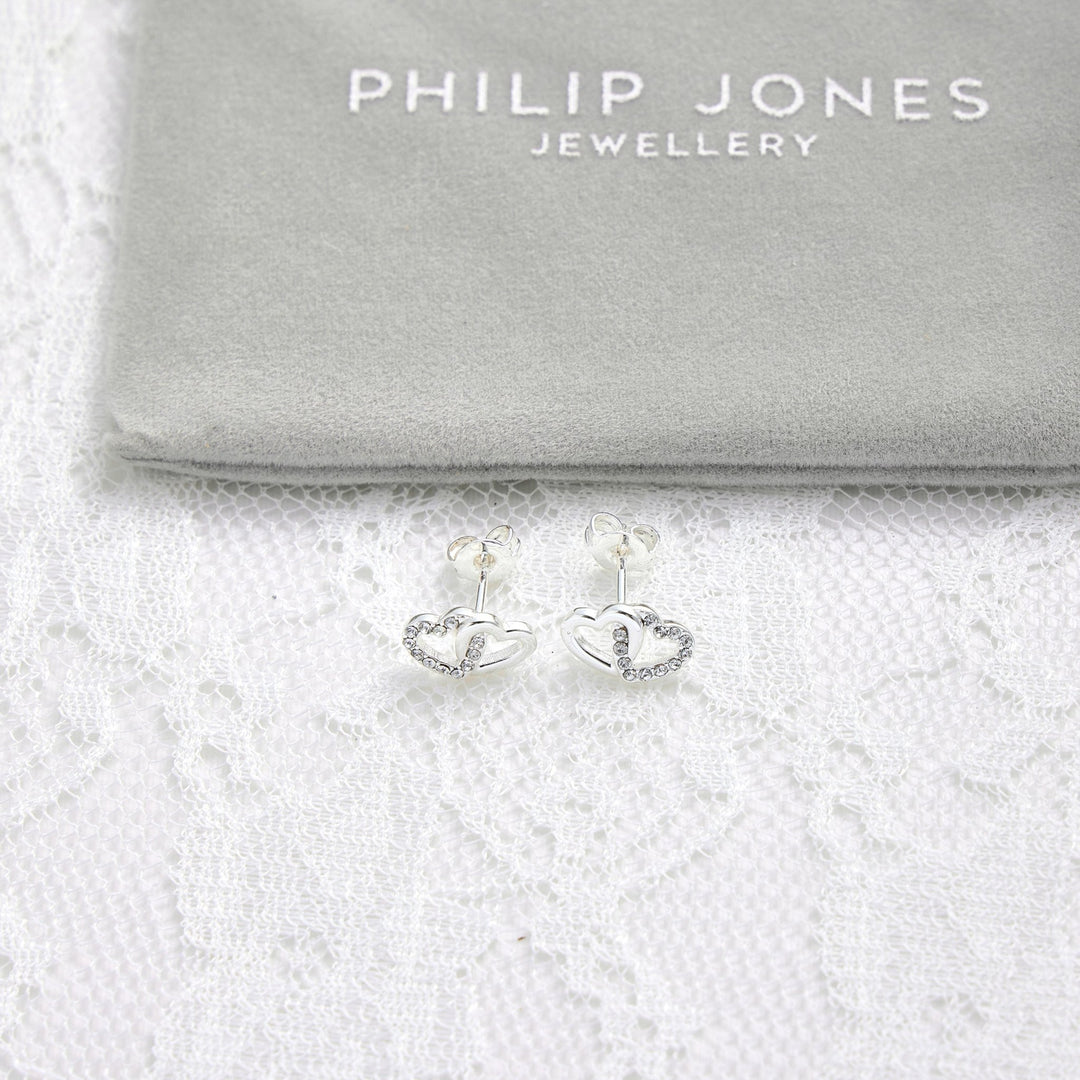 Silver Plated Heart Link Bridal Earrings Created with Zircondia® Crystals - Philip Jones Jewellery