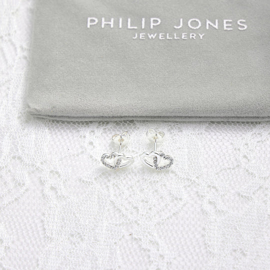 Silver Plated Heart Link Bridal Earrings Created with Zircondia® Crystals - Philip Jones Jewellery