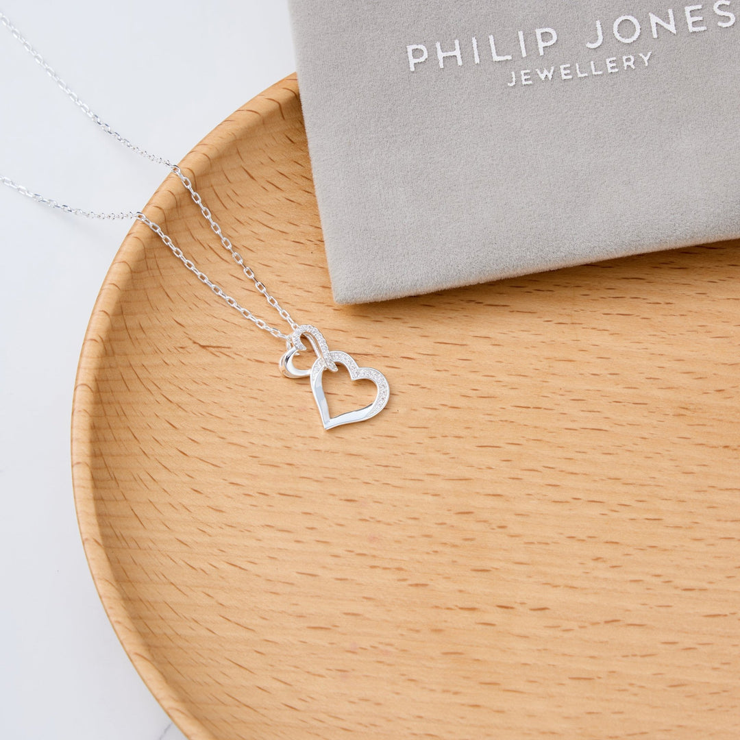 Silver Plated Heart Link Drop Necklace Created with Zircondia® Crystals - Philip Jones Jewellery
