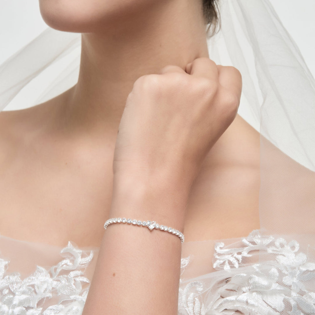 Silver Plated Heart Solitaire Bridal Bracelet Created with Zircondia® Crystals - Philip Jones Jewellery