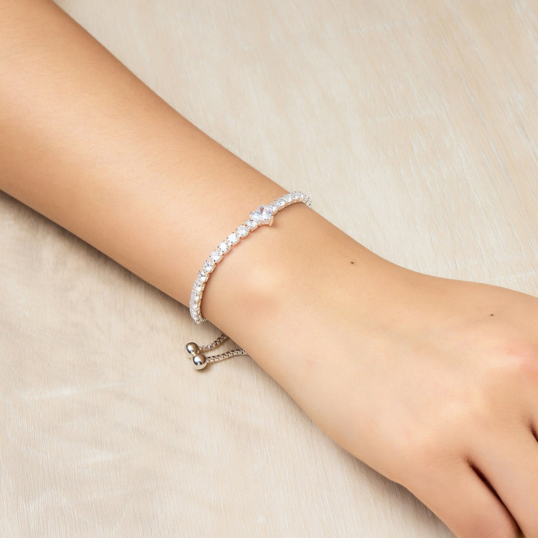 Silver Plated Heart Solitaire Friendship Bracelet Created with Zircondia® Crystals - Philip Jones Jewellery