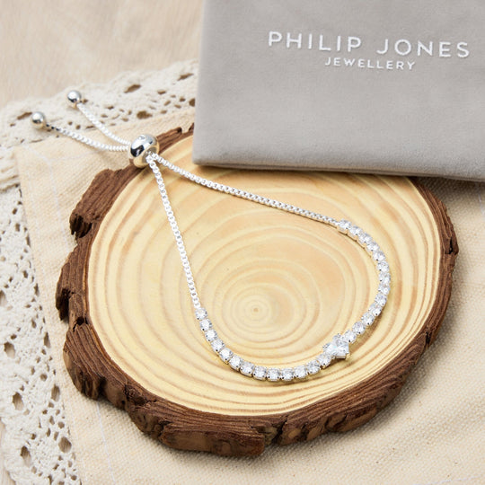 Silver Plated Heart Solitaire Friendship Bracelet Created with Zircondia® Crystals - Philip Jones Jewellery