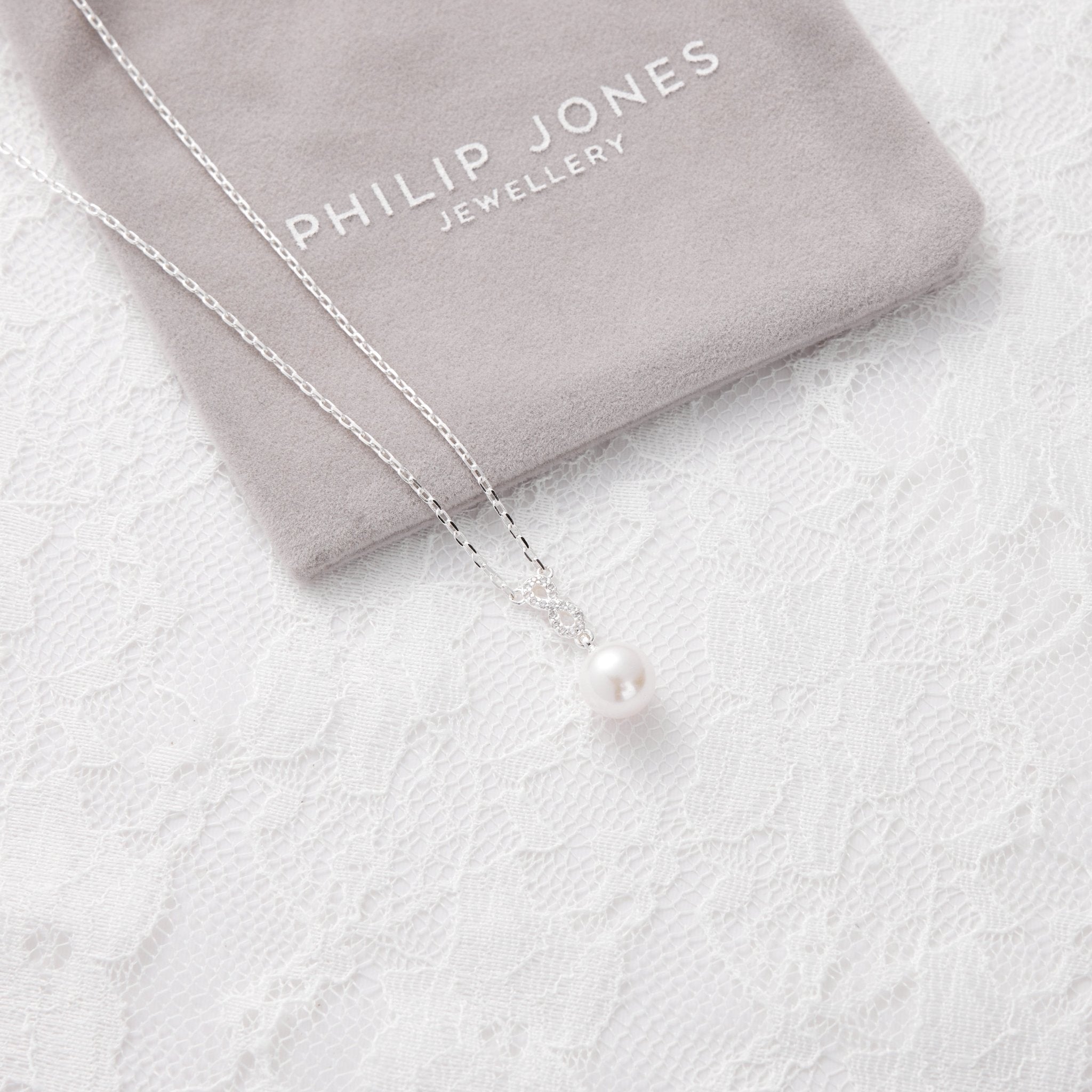 Silver Plated I Couldn't Say I Do Without You Infinity Pearl Drop Necklace with Zircondia® Crystals - Philip Jones Jewellery