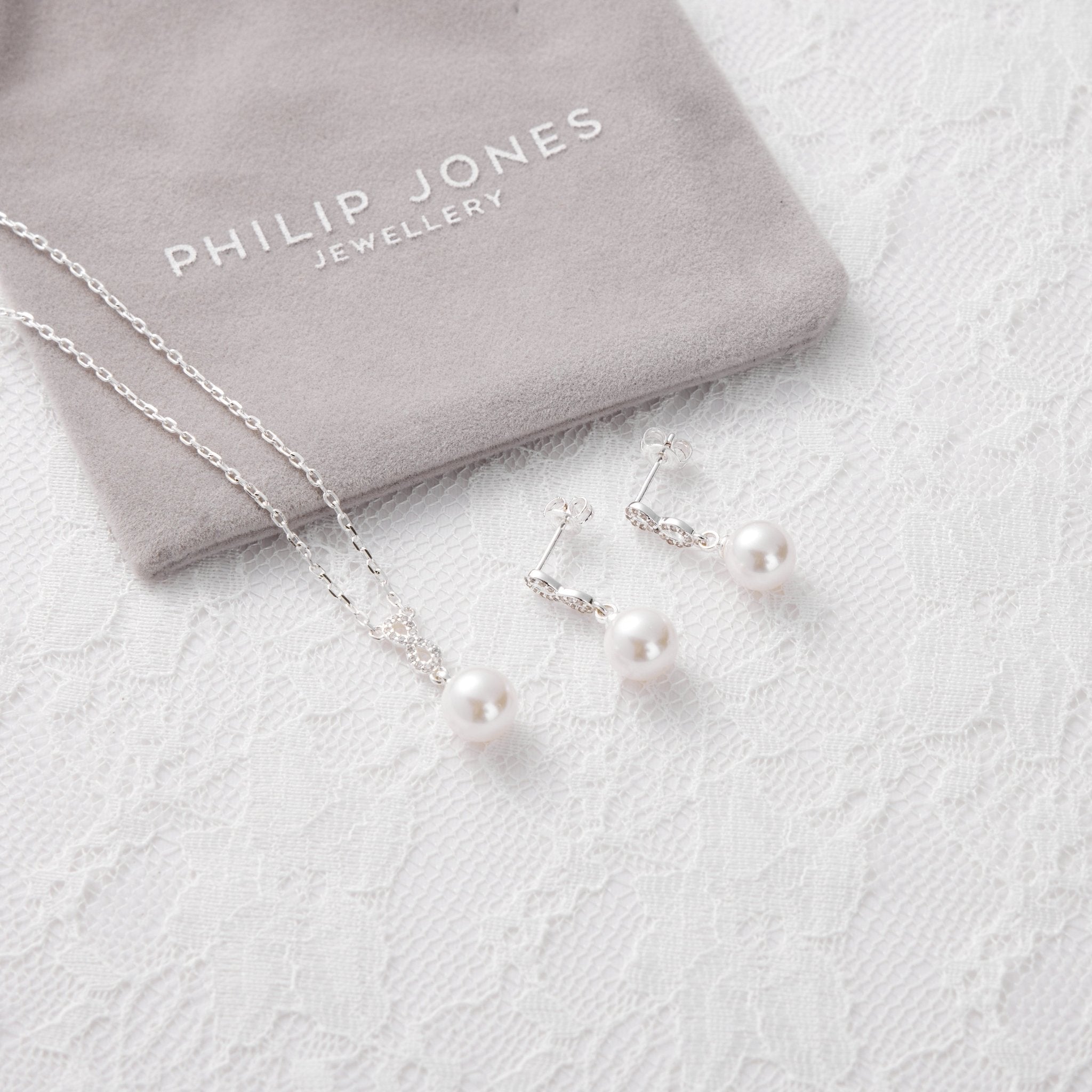 Silver Plated I Couldn't Say I Do Without You Infinity Pearl Drop Set with Zircondia® Crystals - Philip Jones Jewellery