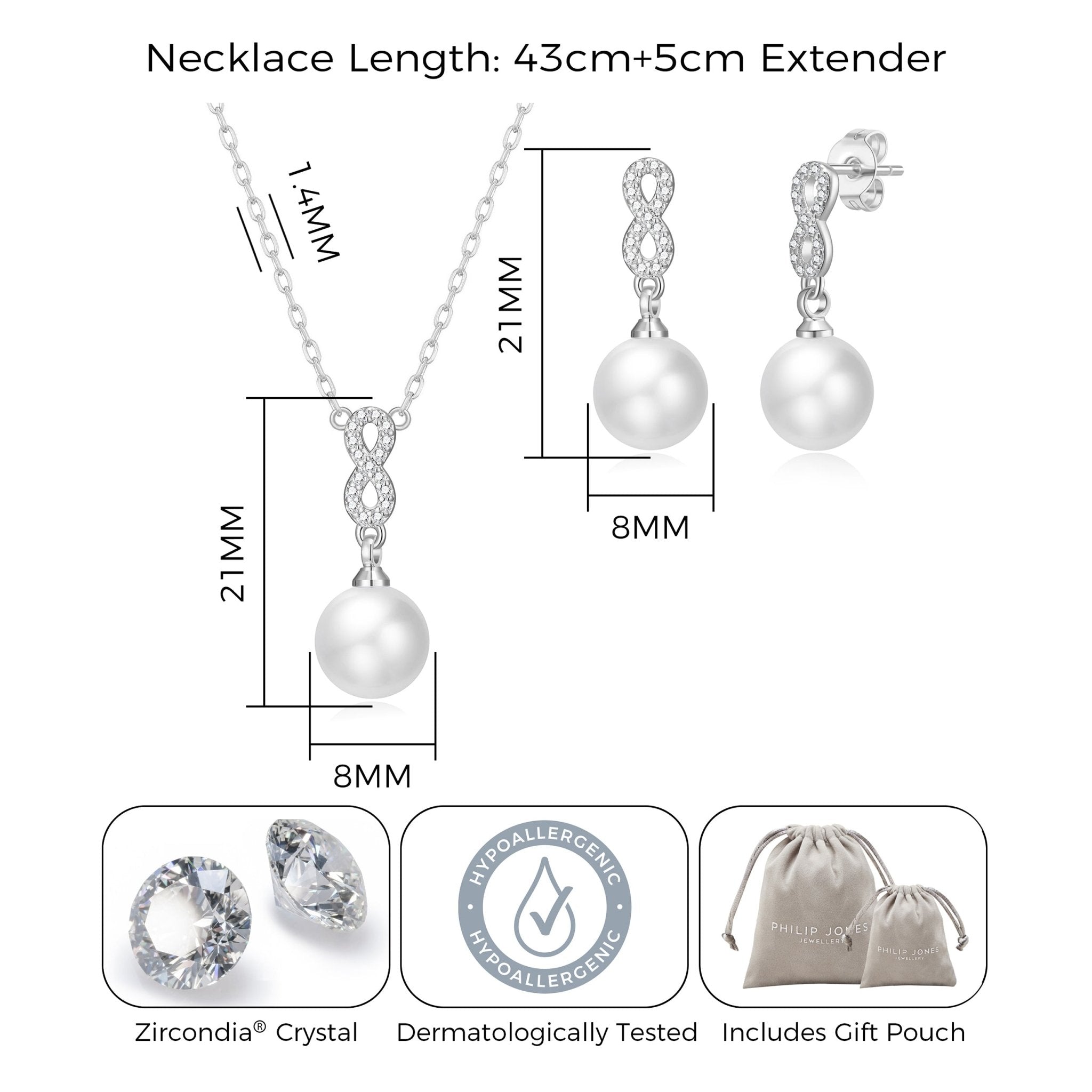 Silver Plated I Couldn't Say I Do Without You Infinity Pearl Drop Set with Zircondia® Crystals - Philip Jones Jewellery