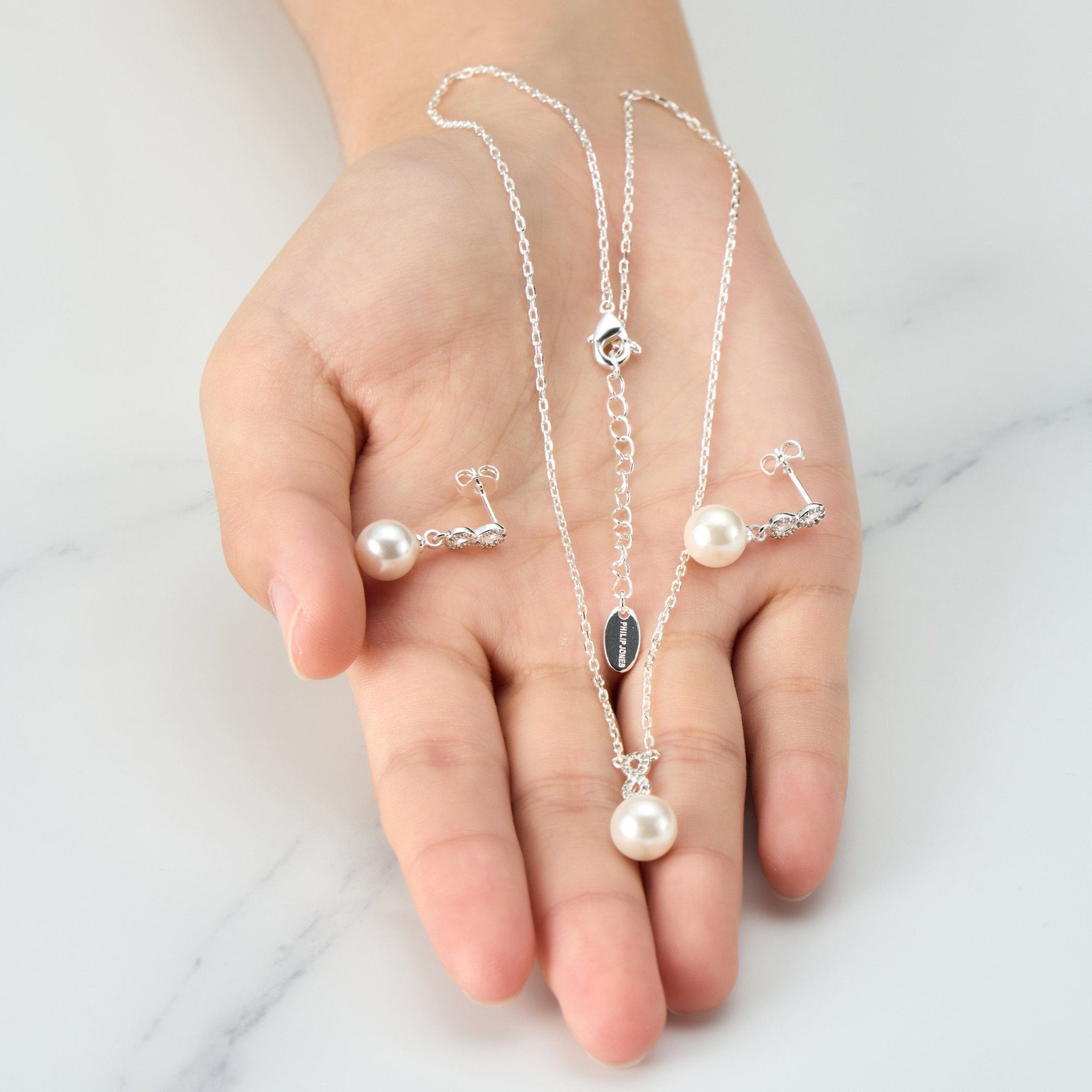 Silver Plated I Couldn't Say I Do Without You Infinity Pearl Drop Set with Zircondia® Crystals - Philip Jones Jewellery