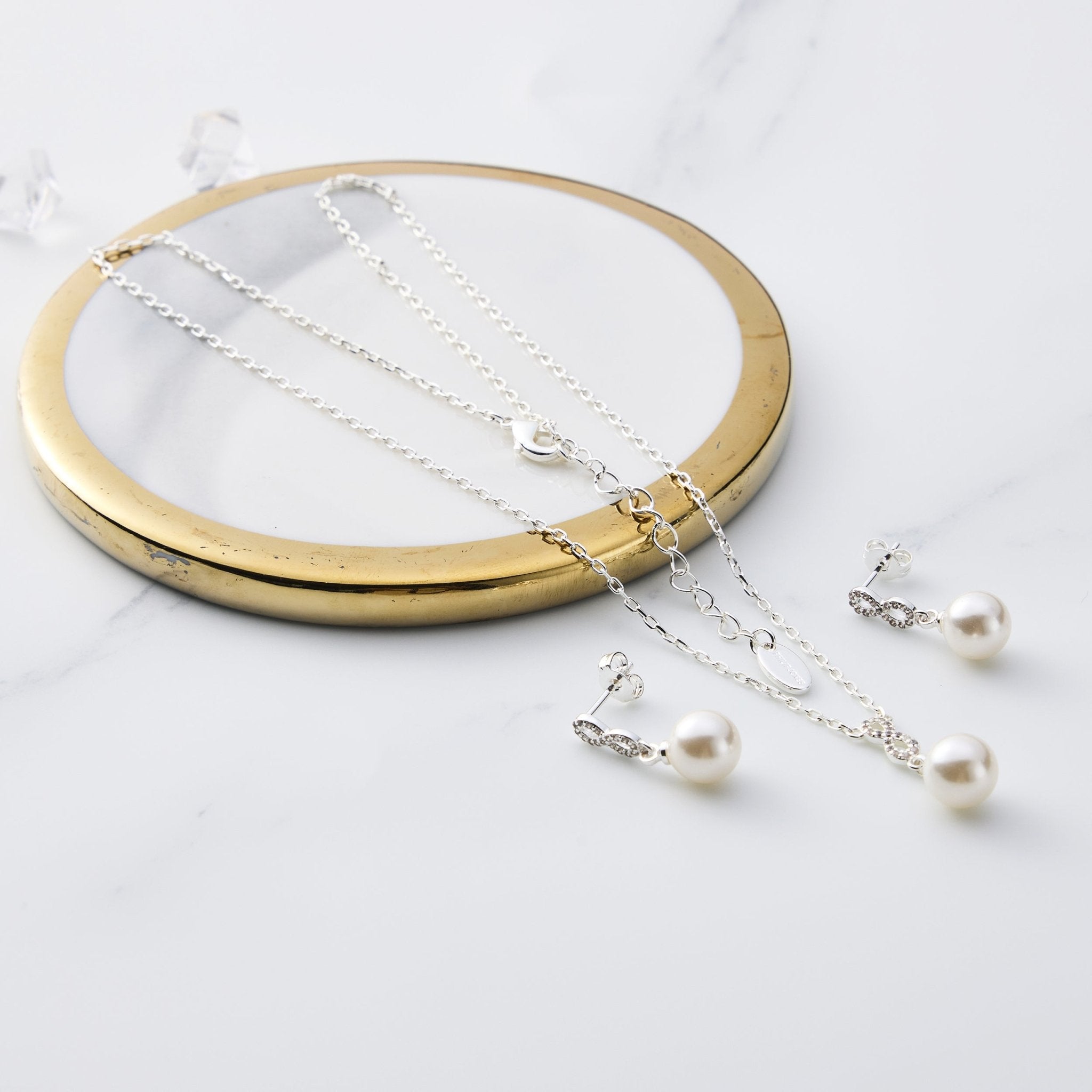 Silver Plated I Couldn't Say I Do Without You Infinity Pearl Drop Set with Zircondia® Crystals - Philip Jones Jewellery