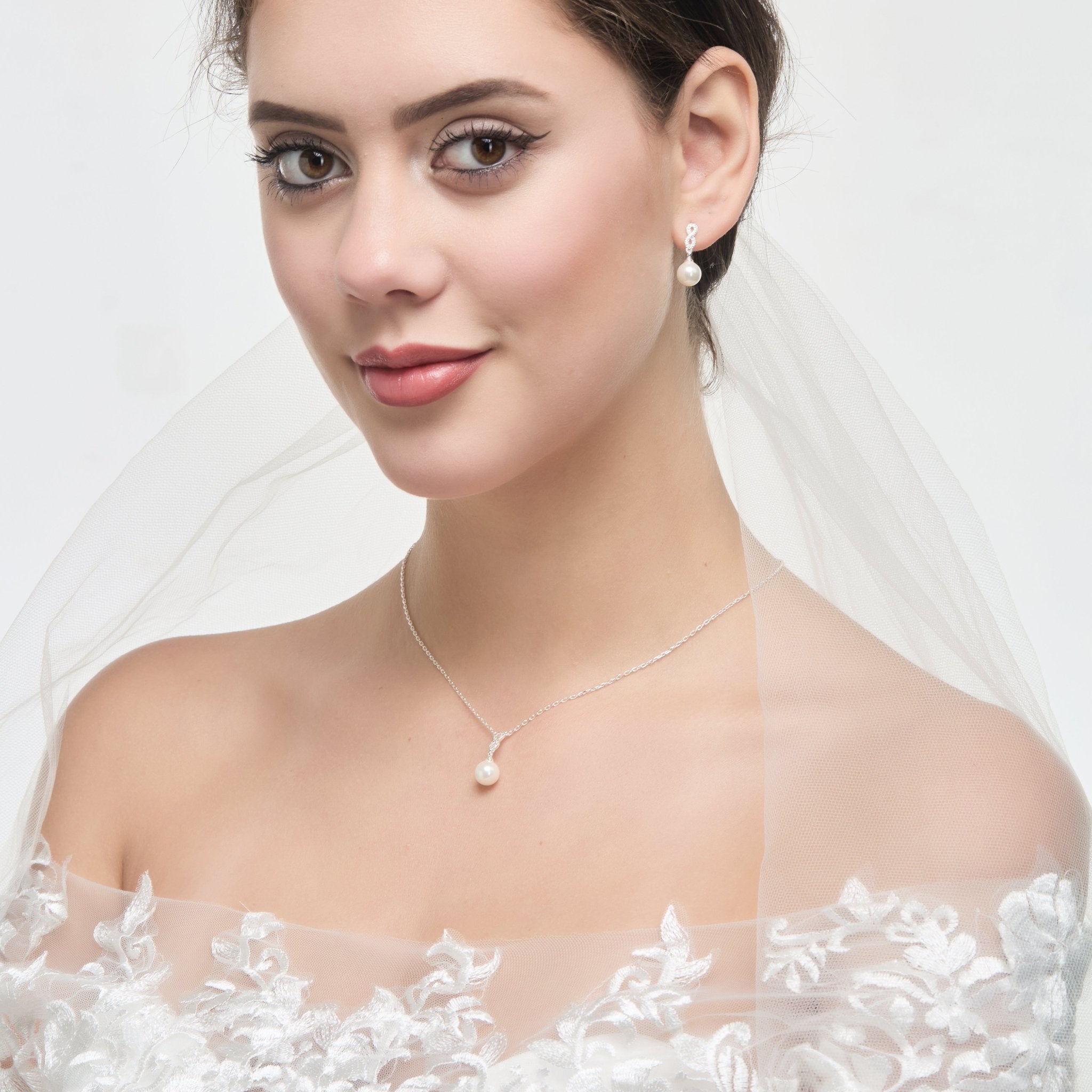 Silver Plated I Couldn't Say I Do Without You Infinity Pearl Drop Set with Zircondia® Crystals - Philip Jones Jewellery