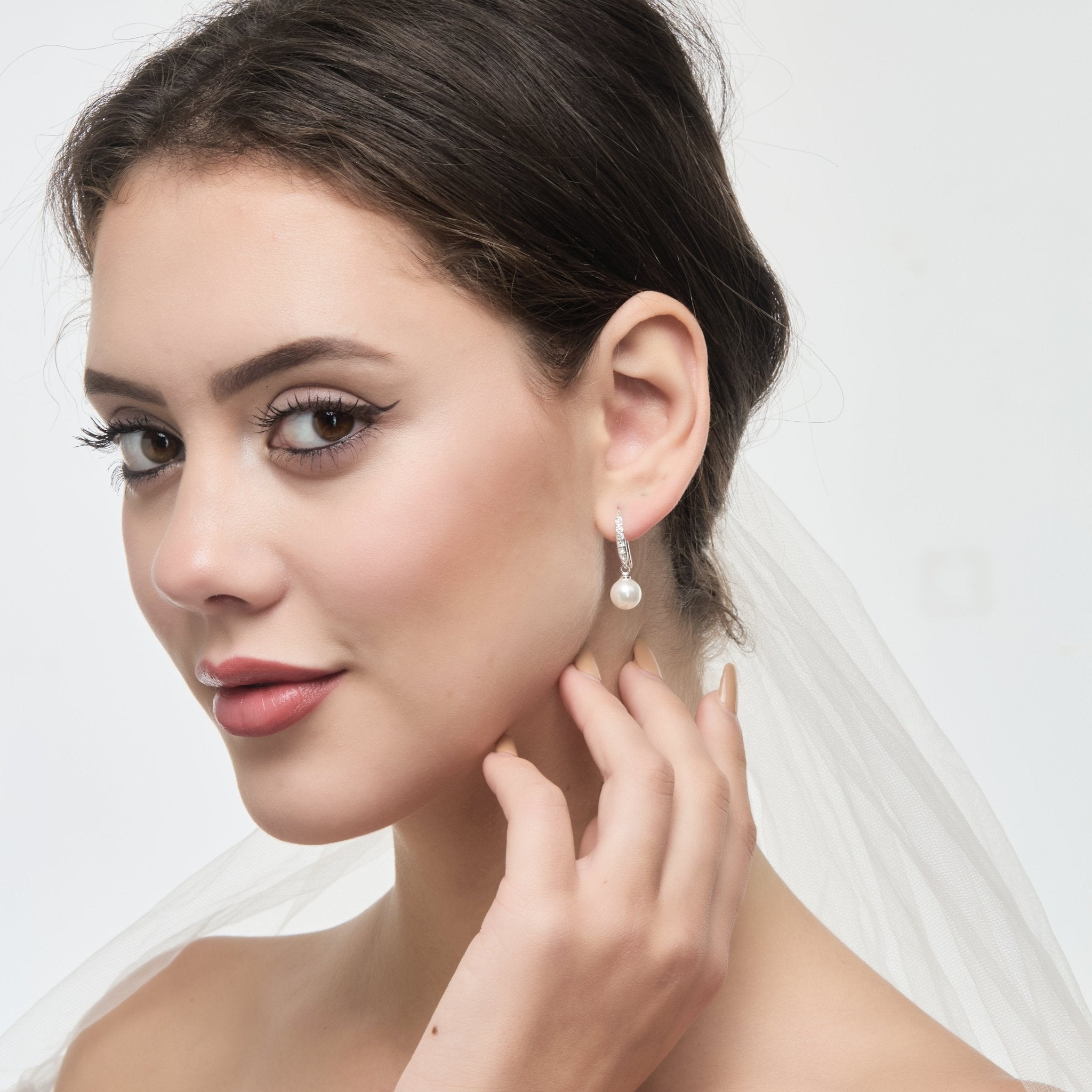 Silver Plated I Couldn't Say I Do Without You Pearl Drop Earrings Created with Zircondia® Crystals - Philip Jones Jewellery