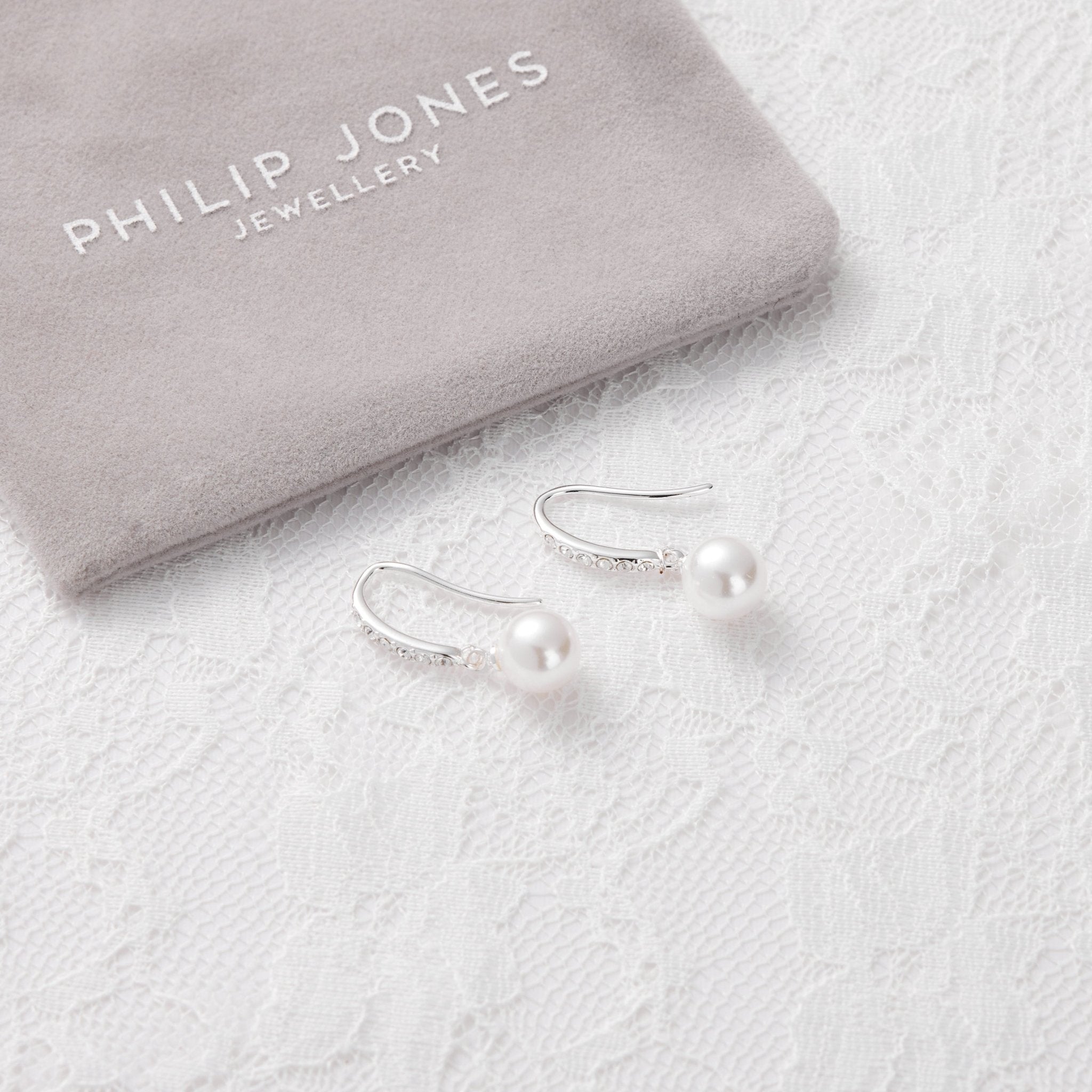 Silver Plated I Couldn't Say I Do Without You Pearl Drop Earrings Created with Zircondia® Crystals - Philip Jones Jewellery