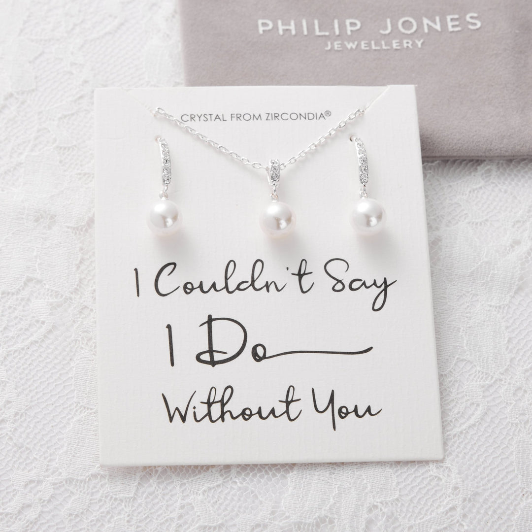 Silver Plated I Couldn't Say I Do Without You Pearl Drop Set Created with Zircondia® Crystals - Philip Jones Jewellery
