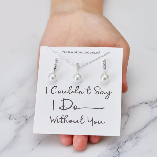 Silver Plated I Couldn't Say I Do Without You Pearl Drop Set Created with Zircondia® Crystals - Philip Jones Jewellery