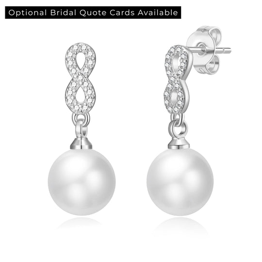 Silver Plated Infinity Pearl Drop Bridal Earrings Created with Zircondia® Crystals - Philip Jones Jewellery