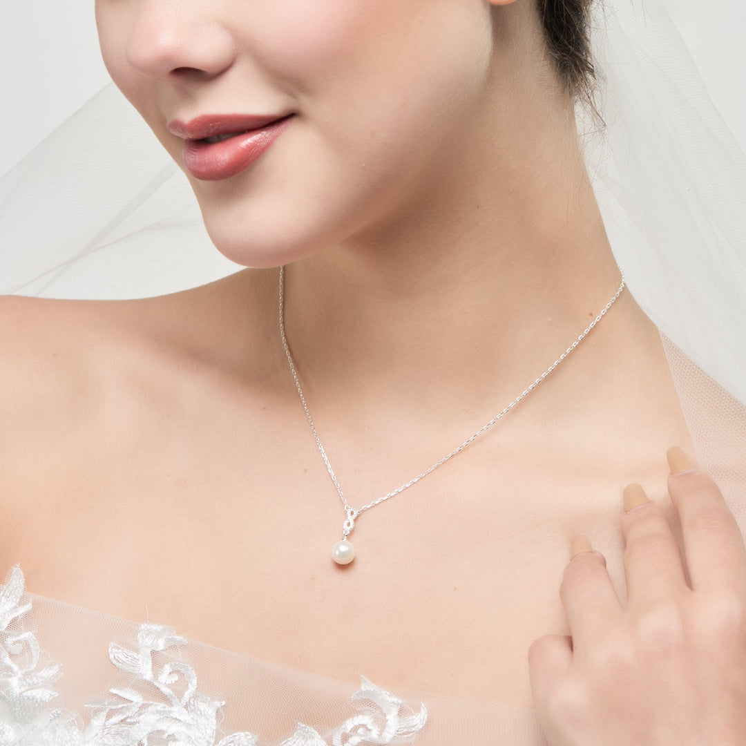 Silver Plated Infinity Pearl Drop Bridal Necklace Created with Zircondia® Crystals - Philip Jones Jewellery