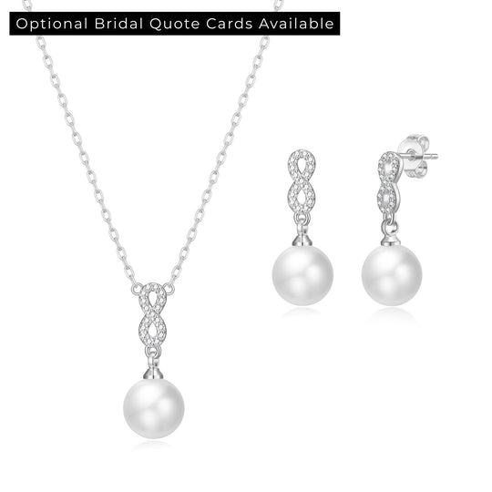 Silver Plated Infinity Pearl Drop Bridal Set Created with Zircondia® Crystals - Philip Jones Jewellery
