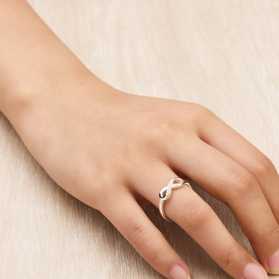 Silver Plated Infinity Ring Created with Zircondia® Crystals - Philip Jones Jewellery