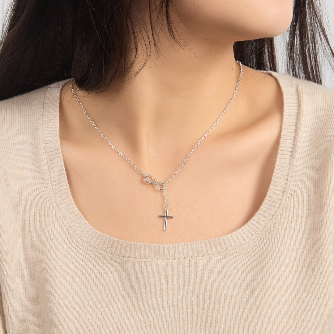 Silver Plated Infinity with Cross Lariat Necklace - Philip Jones Jewellery