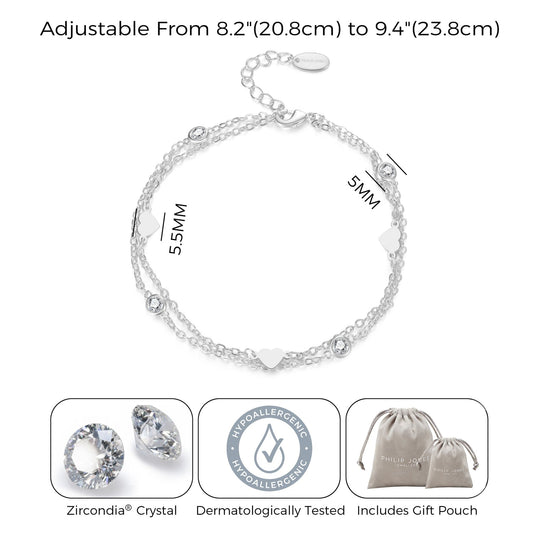 Silver Plated Layered Heart Anklet Created with Zircondia® Crystals - Philip Jones Jewellery