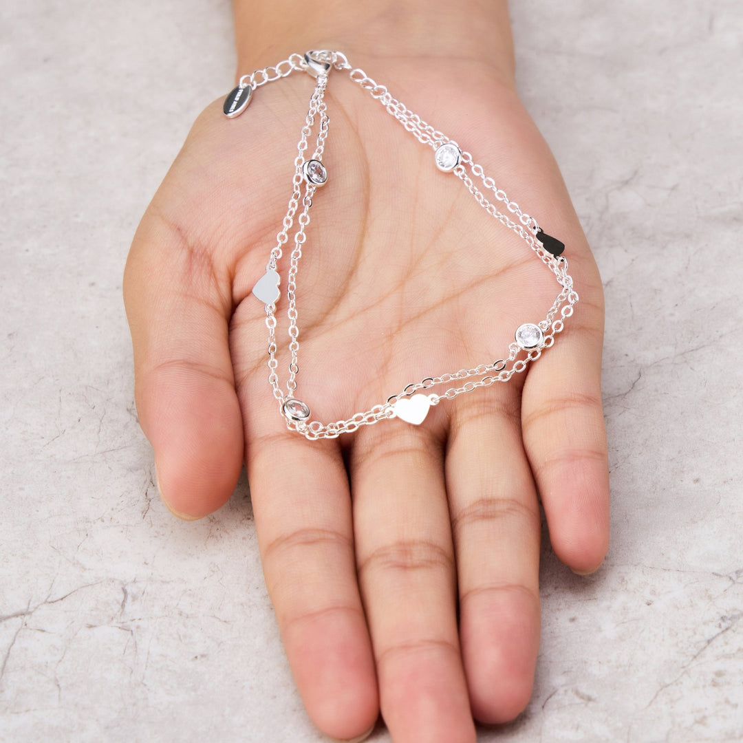 Silver Plated Layered Heart Anklet Created with Zircondia® Crystals - Philip Jones Jewellery
