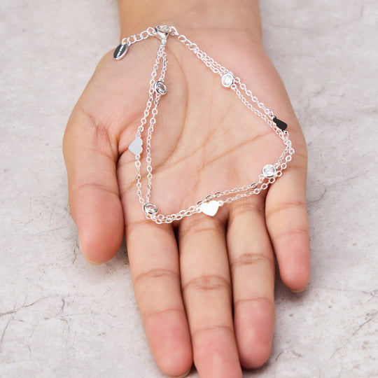 Silver Plated Layered Heart Anklet Created with Zircondia® Crystals - Philip Jones Jewellery