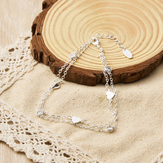 Silver Plated Layered Heart Anklet Created with Zircondia® Crystals - Philip Jones Jewellery