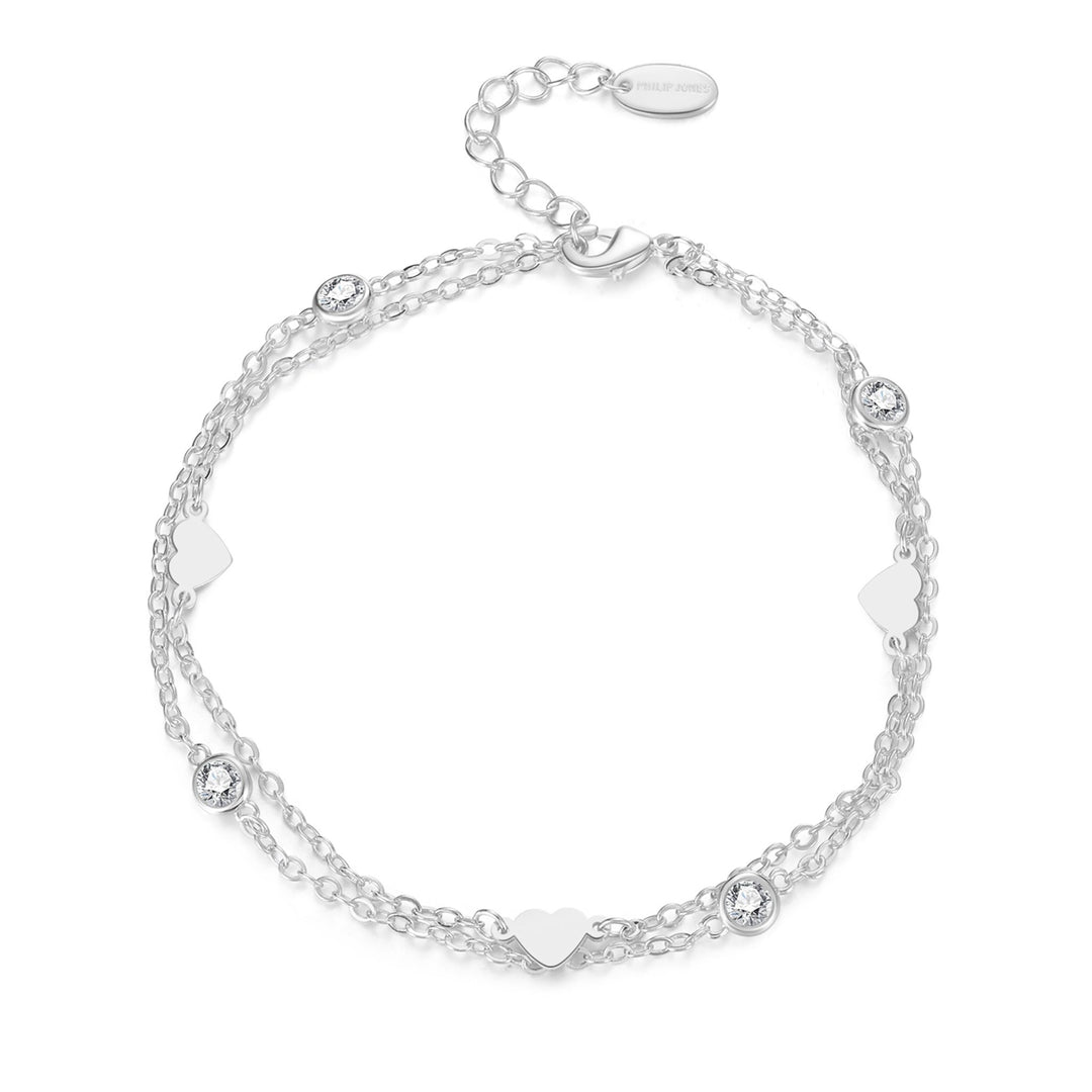 Silver Plated Layered Heart Anklet Created with Zircondia® Crystals - Philip Jones Jewellery