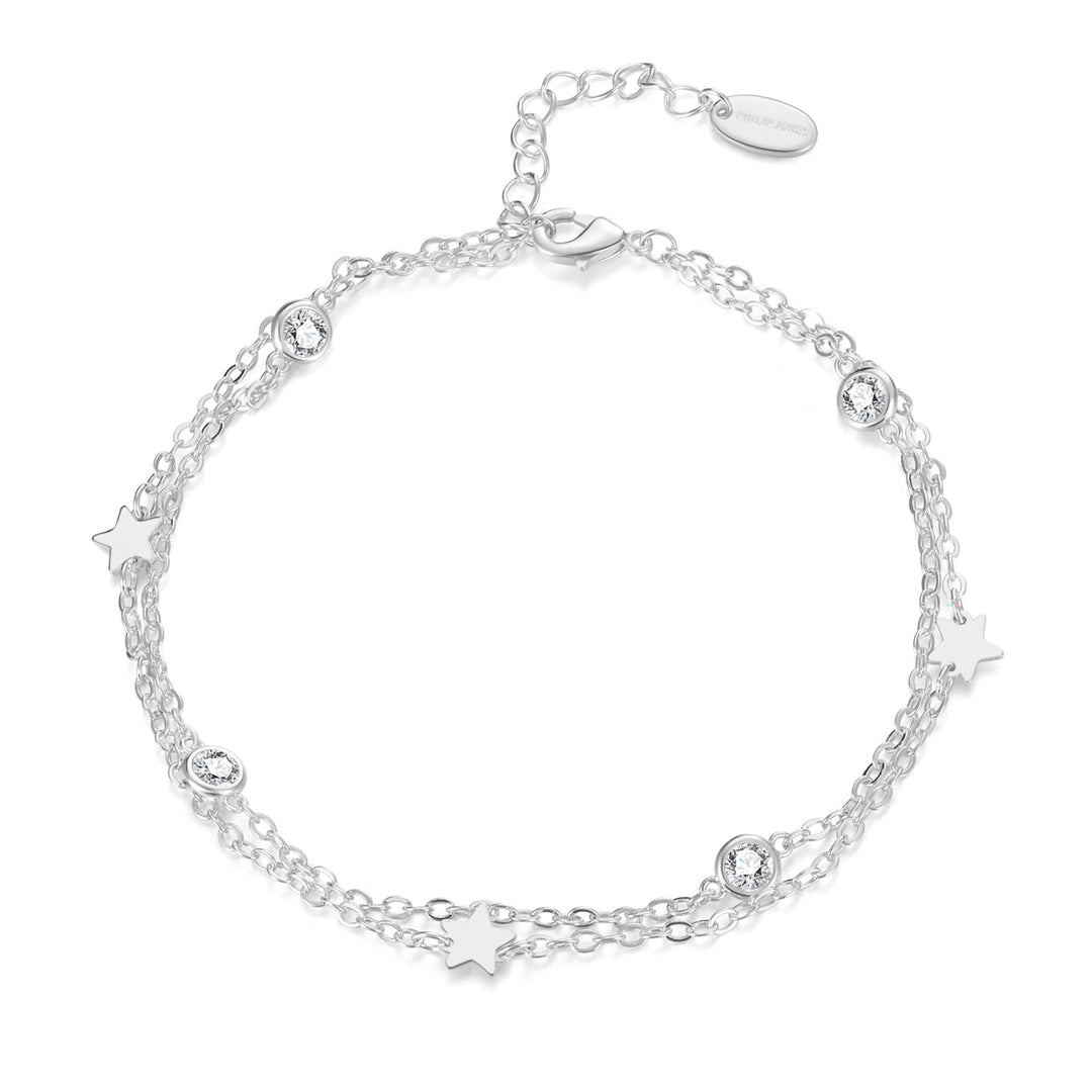 Silver Plated Layered Star Anklet Created with Zircondia® Crystals - Philip Jones Jewellery
