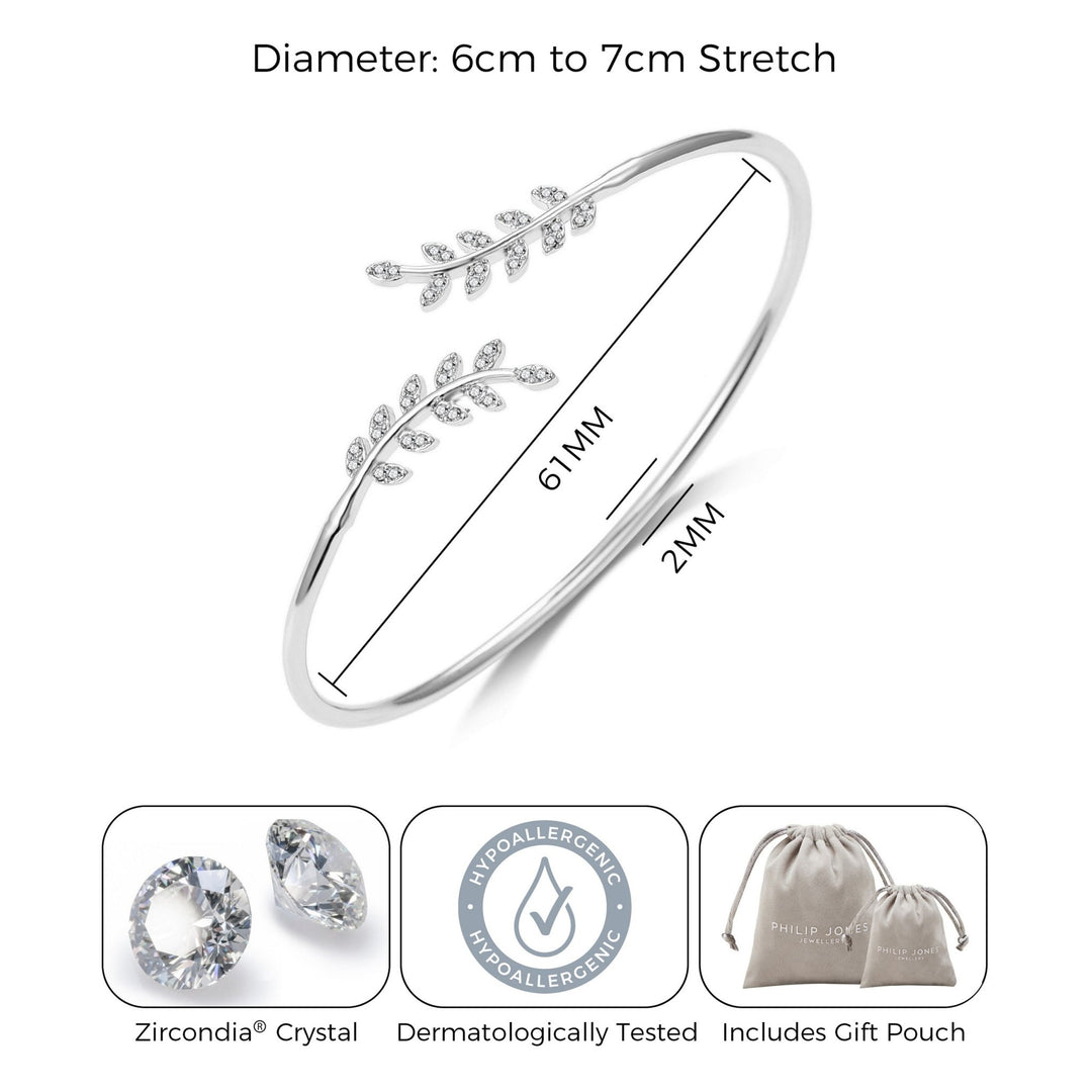 Silver Plated Leaf Bangle Created with Zircondia® Crystals - Philip Jones Jewellery