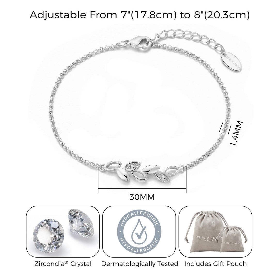 Silver Plated Leaf Chain Bracelet Created with Zircondia® Crystals - Philip Jones Jewellery