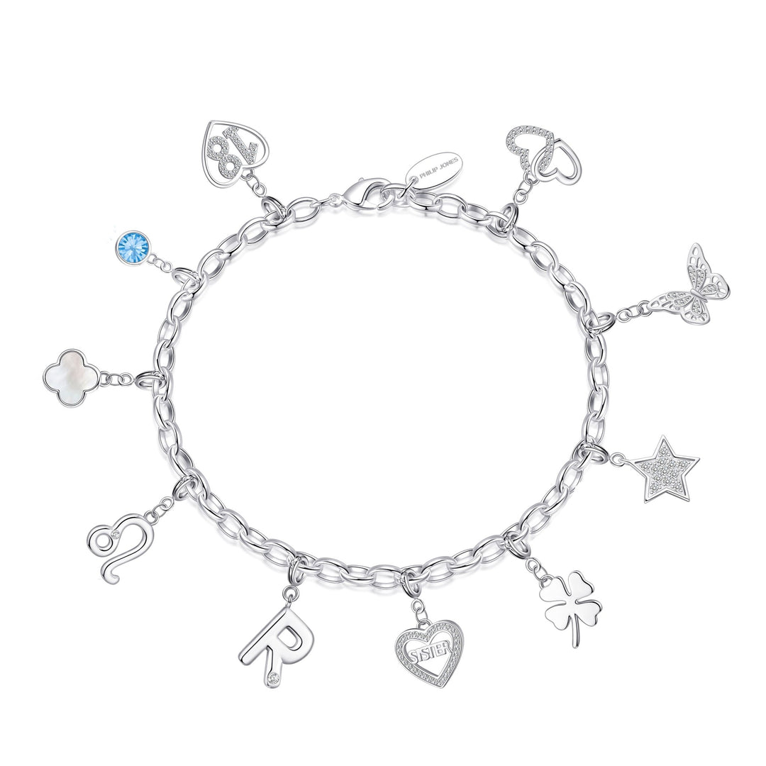 Silver Plated Link Chain Bracelet with Choice of Charms - Philip Jones Jewellery