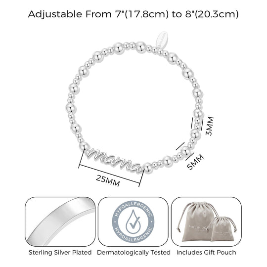 Silver Plated Mama Beaded Stretch Bracelet - Philip Jones Jewellery