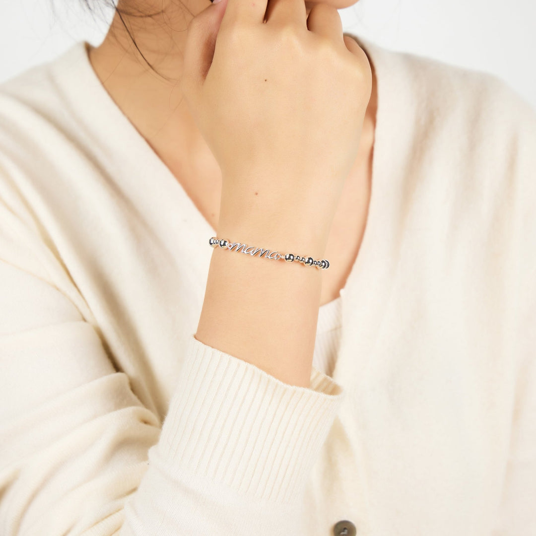 Silver Plated Mama Beaded Stretch Bracelet - Philip Jones Jewellery
