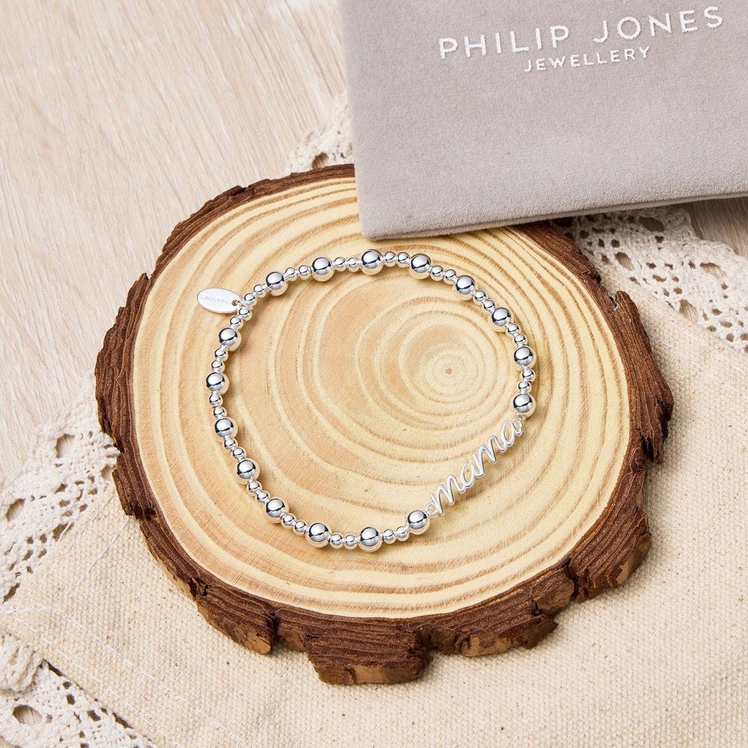Silver Plated Mama Beaded Stretch Bracelet - Philip Jones Jewellery