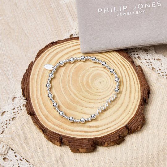 Silver Plated Mama Beaded Stretch Bracelet - Philip Jones Jewellery