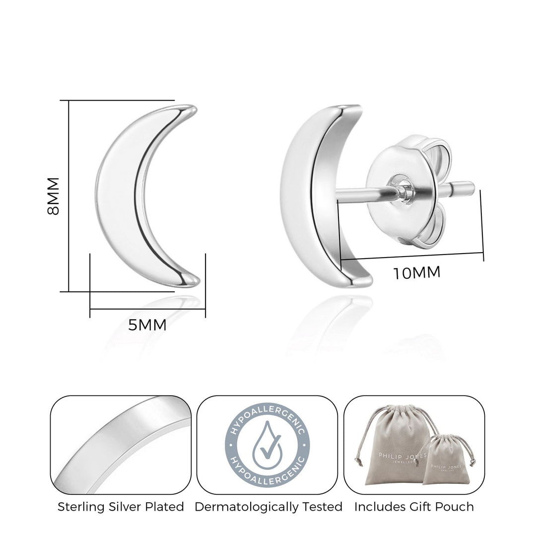 Silver Plated Moon Stud Earrings - Philip Jones Jewellery